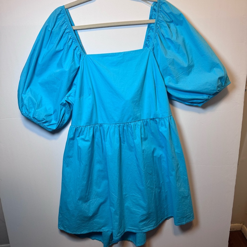 150. A New Day Vibrant Blue babydoll mini dress smocked square neck open back NE
